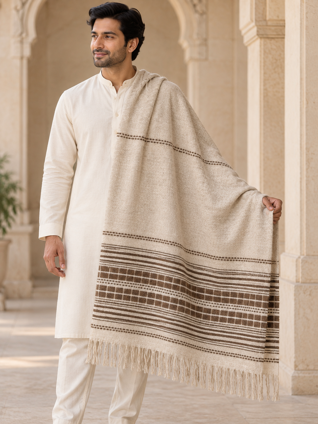 Weavers Villa Minimal Striped Woven Shawl with Fringe Finish For Men Soft Textured Feel, Lightweight Comfort , Easy Layering, Versatile Everyday Styling