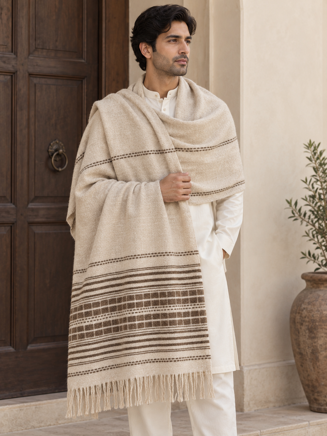 A man wearing a cream-colored kurta and trousers models a large beige and brown patterned woolen shawl with fringe, standing in front of a rustic wooden door and a potted plant.