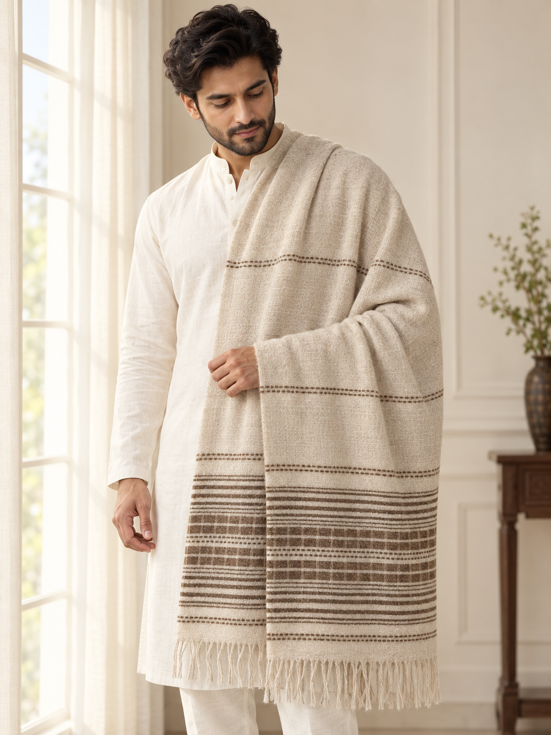 A man wearing a white kurta and white trousers, draped with a large cream and brown striped woolen shawl or throw blanket with fringe, standing in a bright indoor room.