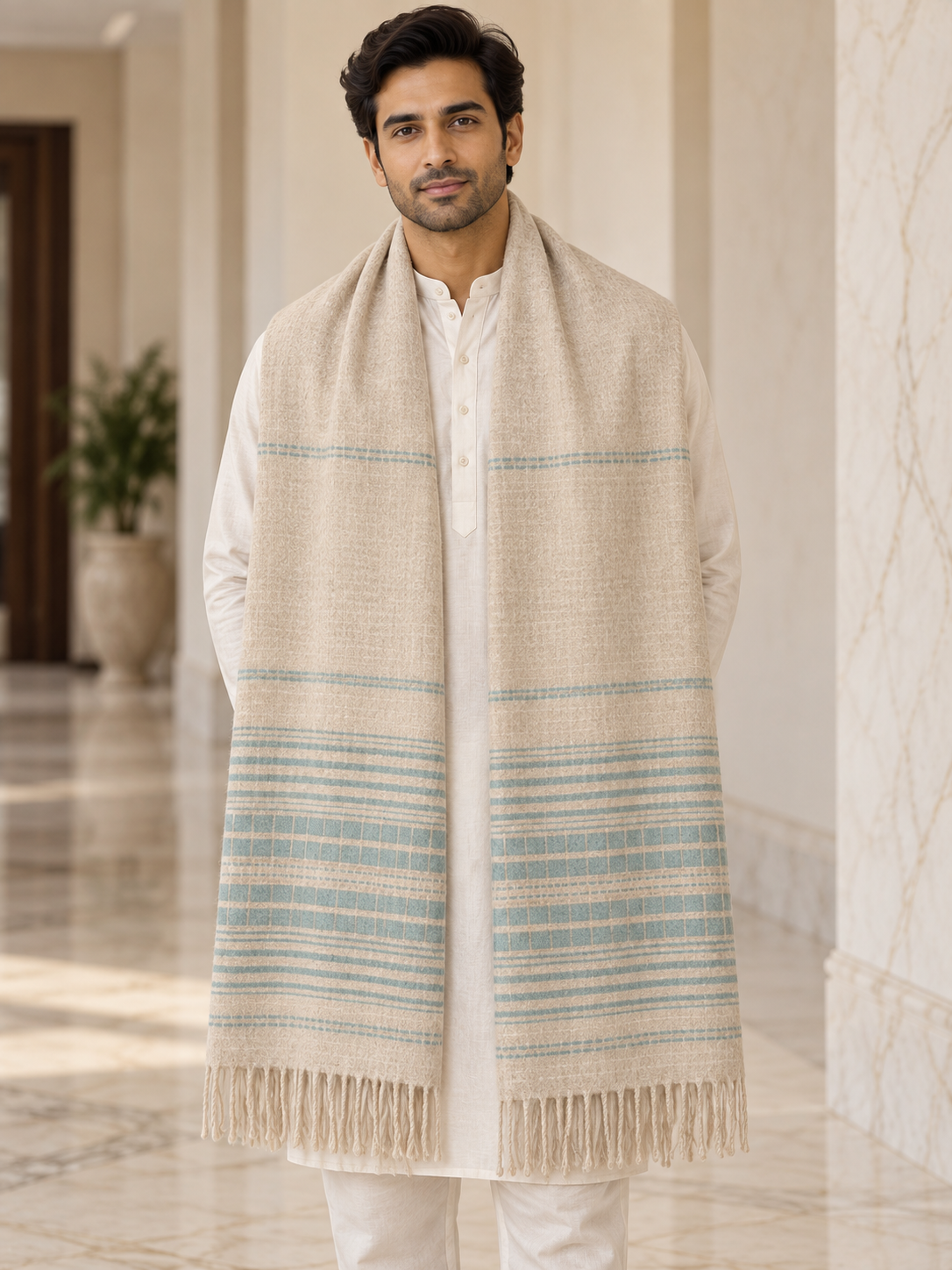 Weavers Villa Minimal Striped Woven Shawl with Fringe Finish For Men Soft Textured Feel, Lightweight Comfort , Easy Layering, Versatile Everyday Styling