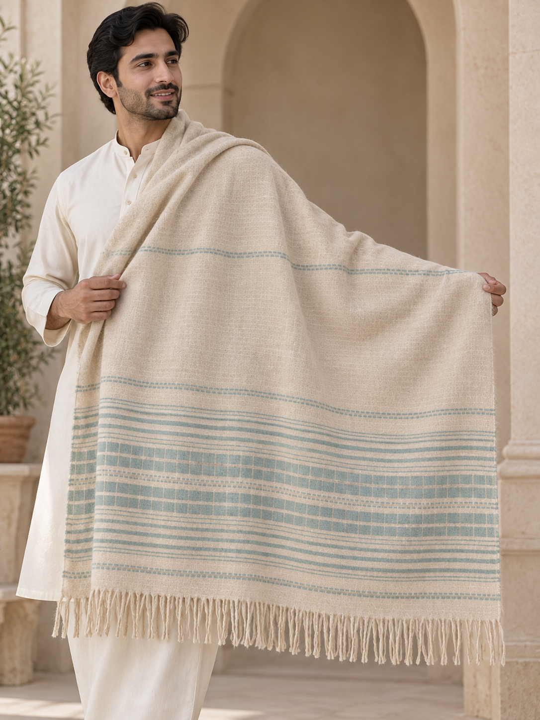 A man wearing a cream kurta holds up a large cream shawl or wrap with light blue and beige horizontal stripes and fringe along the bottom, posed in front of a beige stone archway.