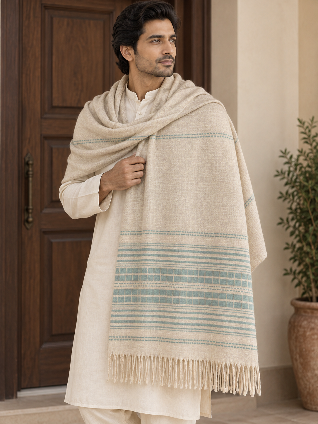 A man wearing a cream-colored kurta and matching trousers, draped with a large cream shawl featuring light blue stripes and fringed edges, standing in front of a wooden door.