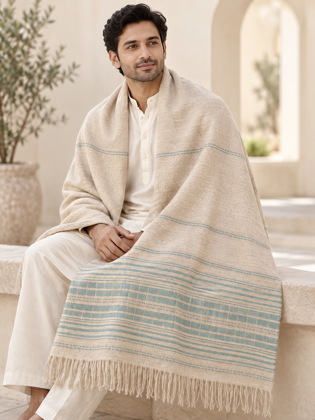 Weavers Villa Minimal Striped Woven Shawl with Fringe Finish For Men Soft Textured Feel, Lightweight Comfort , Easy Layering, Versatile Everyday Styling