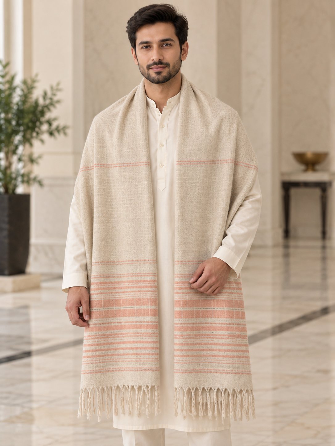 A man wearing a long cream-colored shawl with peach-pink horizontal stripes and fringe, draped over a white kurta in a grand indoor setting with marble floors.