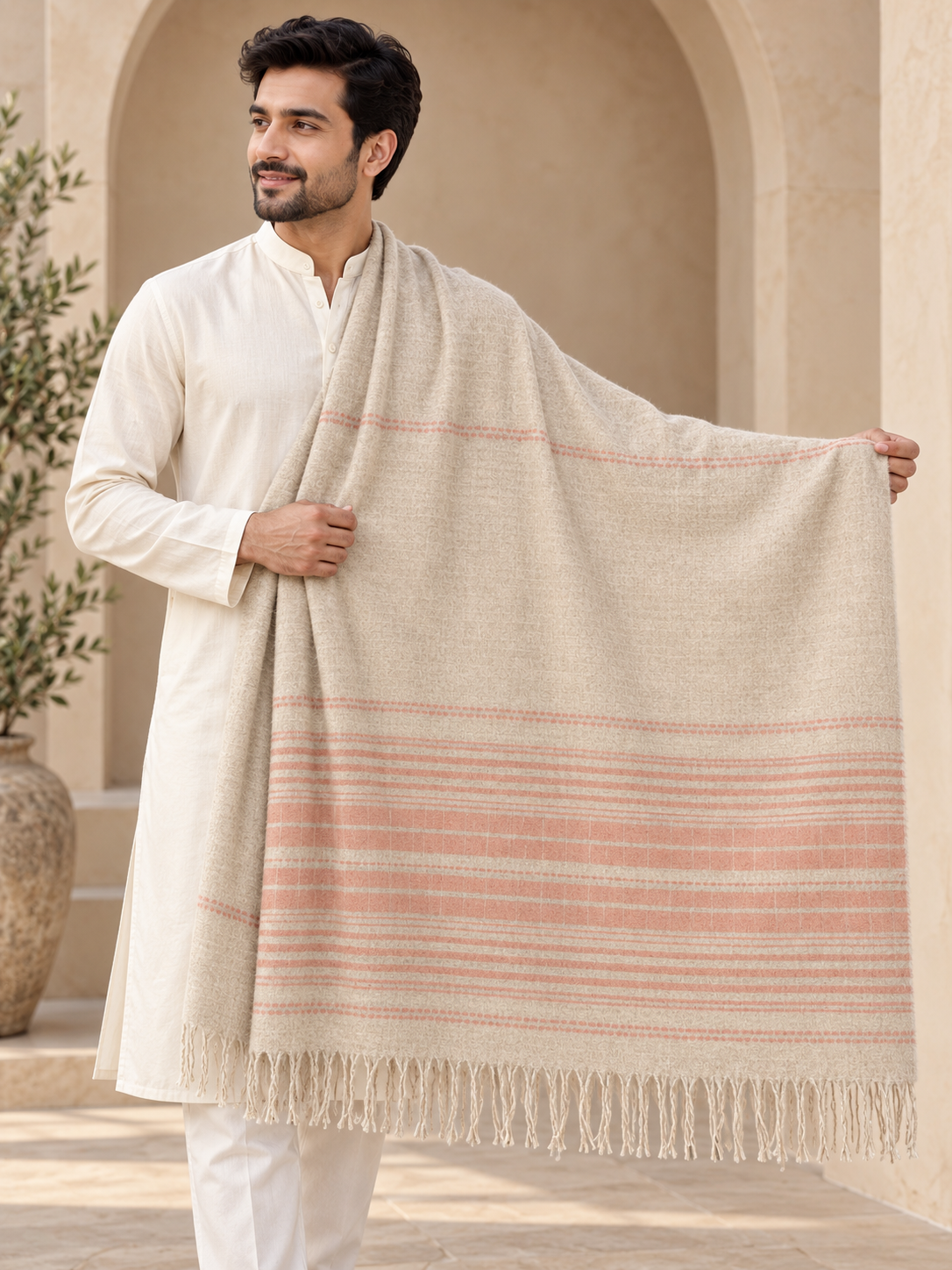 A man wearing a cream kurta stands in front of a beige arched doorway, holding up a large cream shawl with thin coral-pink horizontal stripes and fringe along the bottom edge.