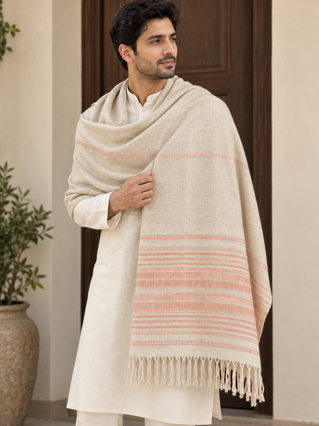 A man wearing a cream kurta and matching trousers is draped in a large woven shawl with peach and cream horizontal stripes and fringed edges, standing in front of a dark wooden door.