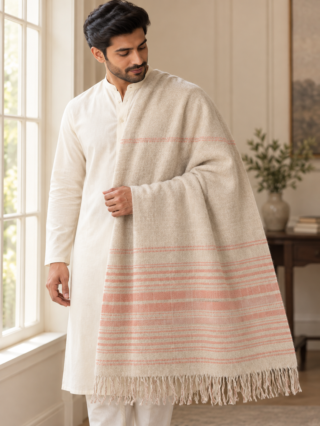 A man wearing a white kurta and matching trousers, draped with a cream-colored shawl featuring soft pink stripes and fringed edges, standing in a bright, neutral-toned indoor setting.
