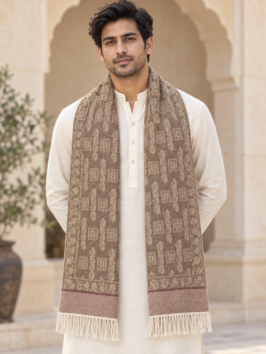 Elegant Woven Shawl with Floral Border and Fringe Finish For Men Soft Textured Feel, Lightweight Comfort , Easy Layering, Versatile Everyday Styling