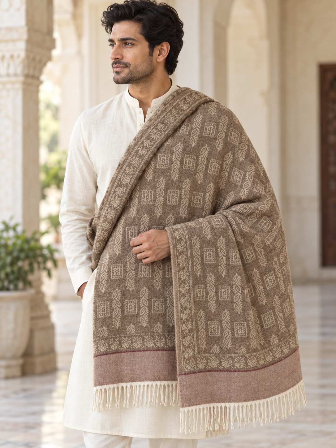 Elegant Woven Shawl with Floral Border and Fringe Finish For Men Soft Textured Feel, Lightweight Comfort , Easy Layering, Versatile Everyday Styling