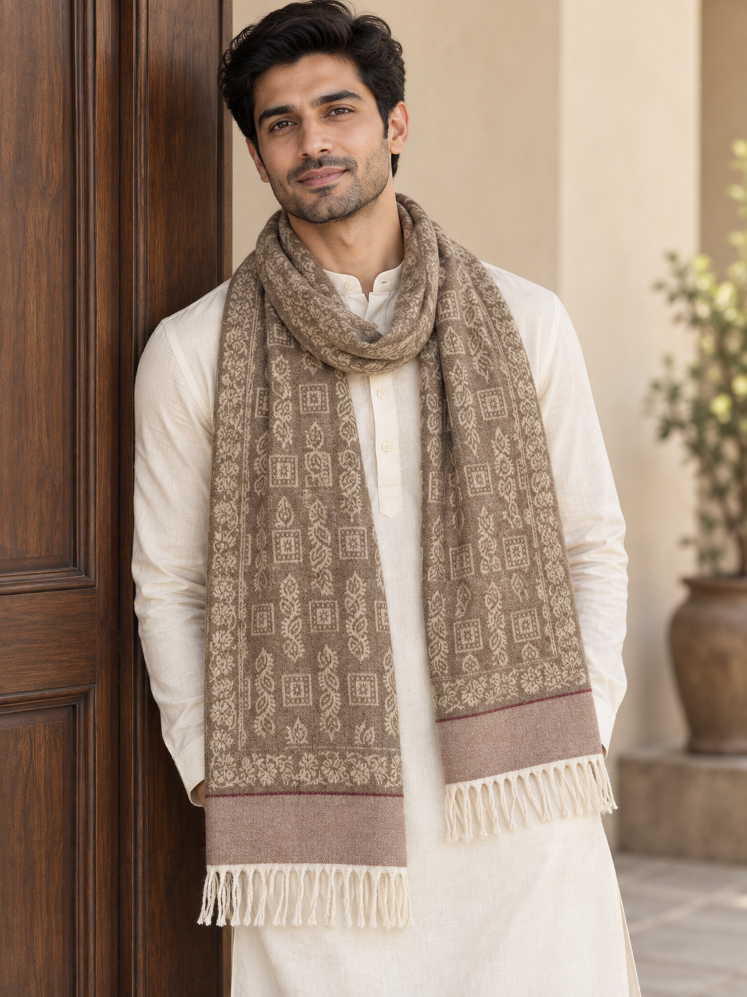 Elegant Woven Shawl with Floral Border and Fringe Finish For Men Soft Textured Feel, Lightweight Comfort , Easy Layering, Versatile Everyday Styling