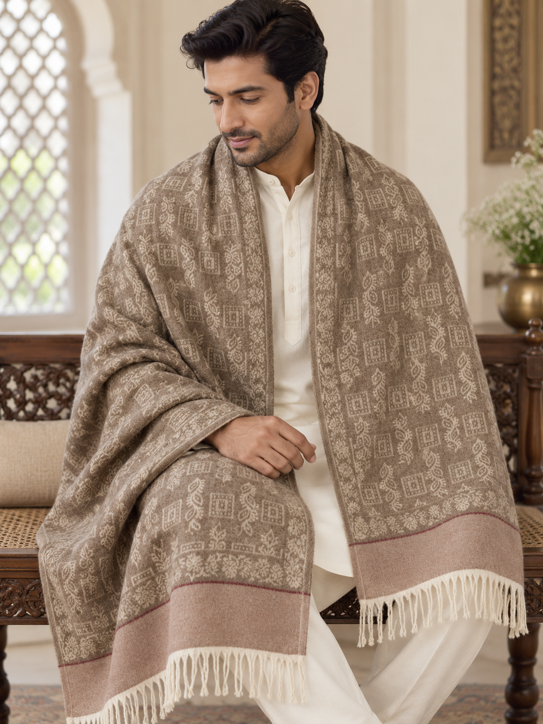 Elegant Woven Shawl with Floral Border and Fringe Finish For Men Soft Textured Feel, Lightweight Comfort , Easy Layering, Versatile Everyday Styling