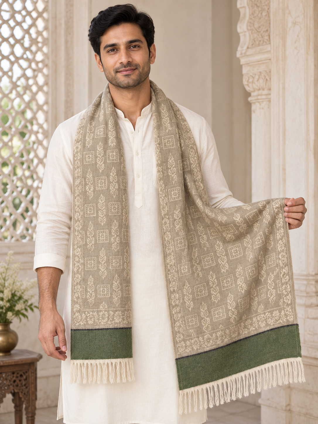 Elegant Woven Shawl with Floral Border and Fringe Finish For Men Soft Textured Feel, Lightweight Comfort , Easy Layering, Versatile Everyday Styling