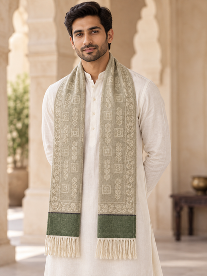 Elegant Woven Shawl with Floral Border and Fringe Finish For Men Soft Textured Feel, Lightweight Comfort , Easy Layering, Versatile Everyday Styling