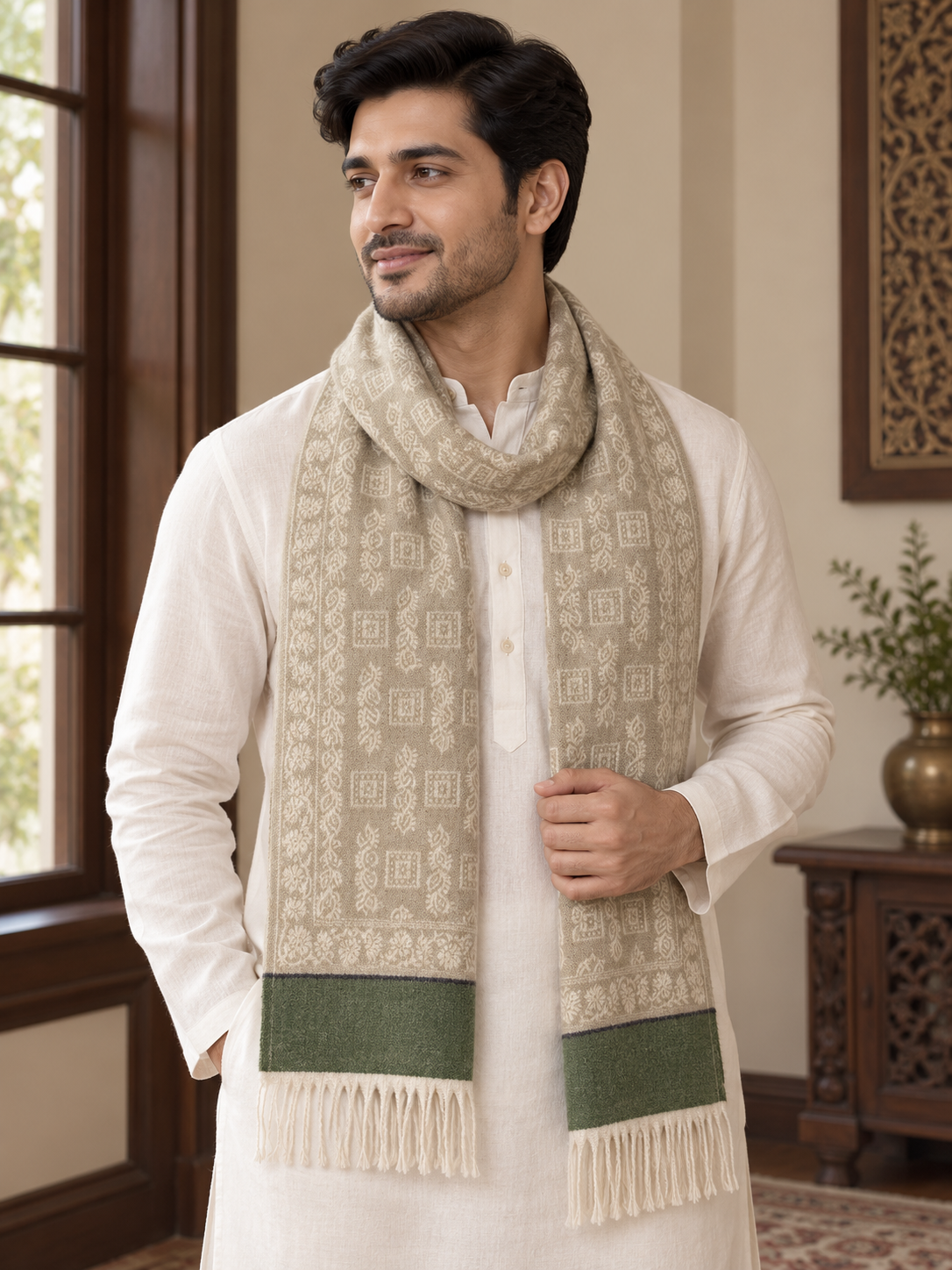 Elegant Woven Shawl with Floral Border and Fringe Finish For Men Soft Textured Feel, Lightweight Comfort , Easy Layering, Versatile Everyday Styling