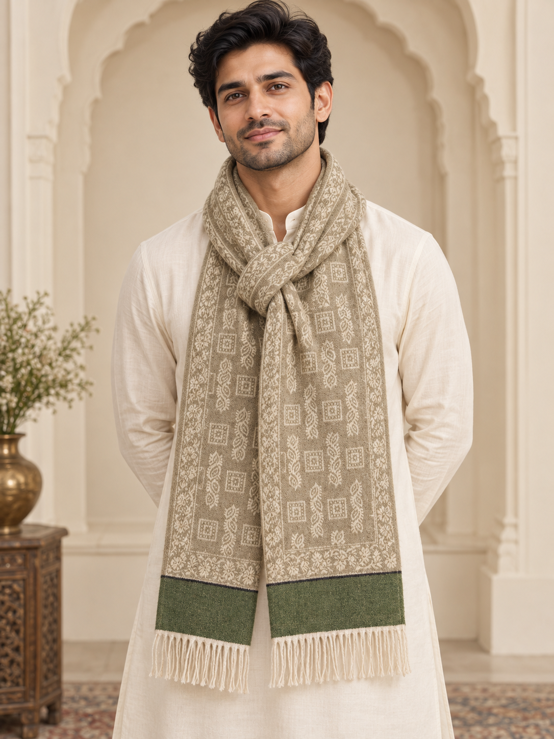 Elegant Woven Shawl with Floral Border and Fringe Finish For Men Soft Textured Feel, Lightweight Comfort , Easy Layering, Versatile Everyday Styling