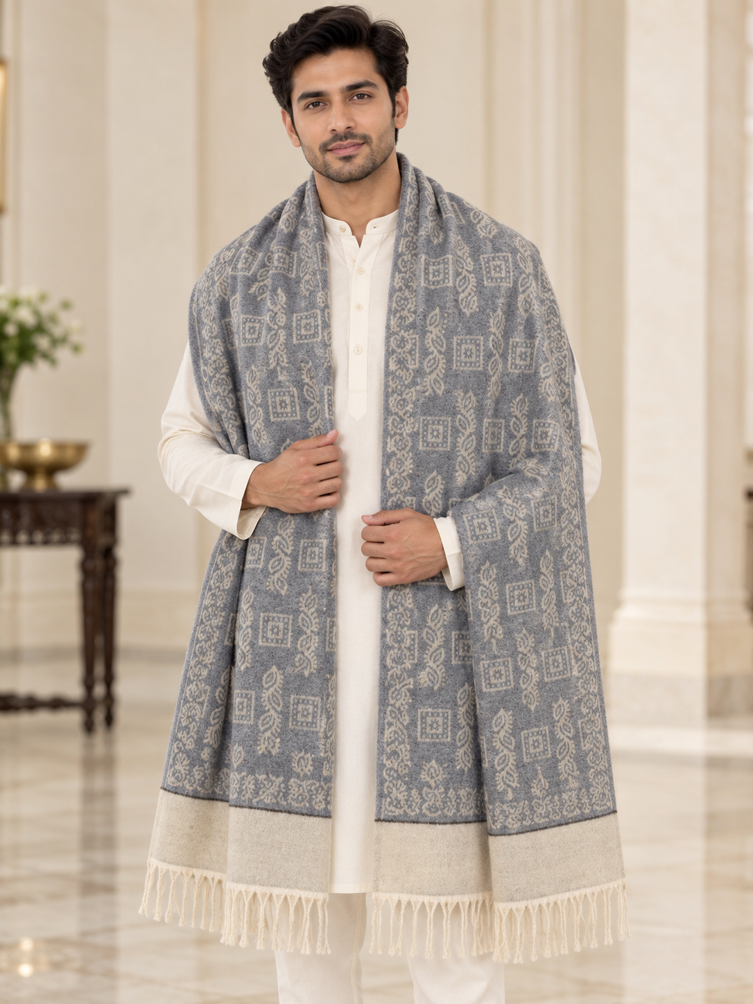 Elegant Woven Shawl with Floral Border and Fringe Finish For Men Soft Textured Feel, Lightweight Comfort , Easy Layering, Versatile Everyday Styling