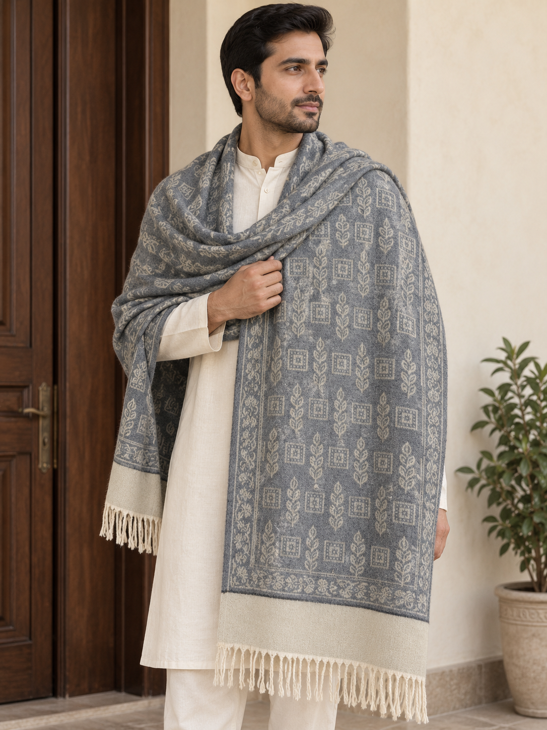 Elegant Woven Shawl with Floral Border and Fringe Finish For Men Soft Textured Feel, Lightweight Comfort , Easy Layering, Versatile Everyday Styling