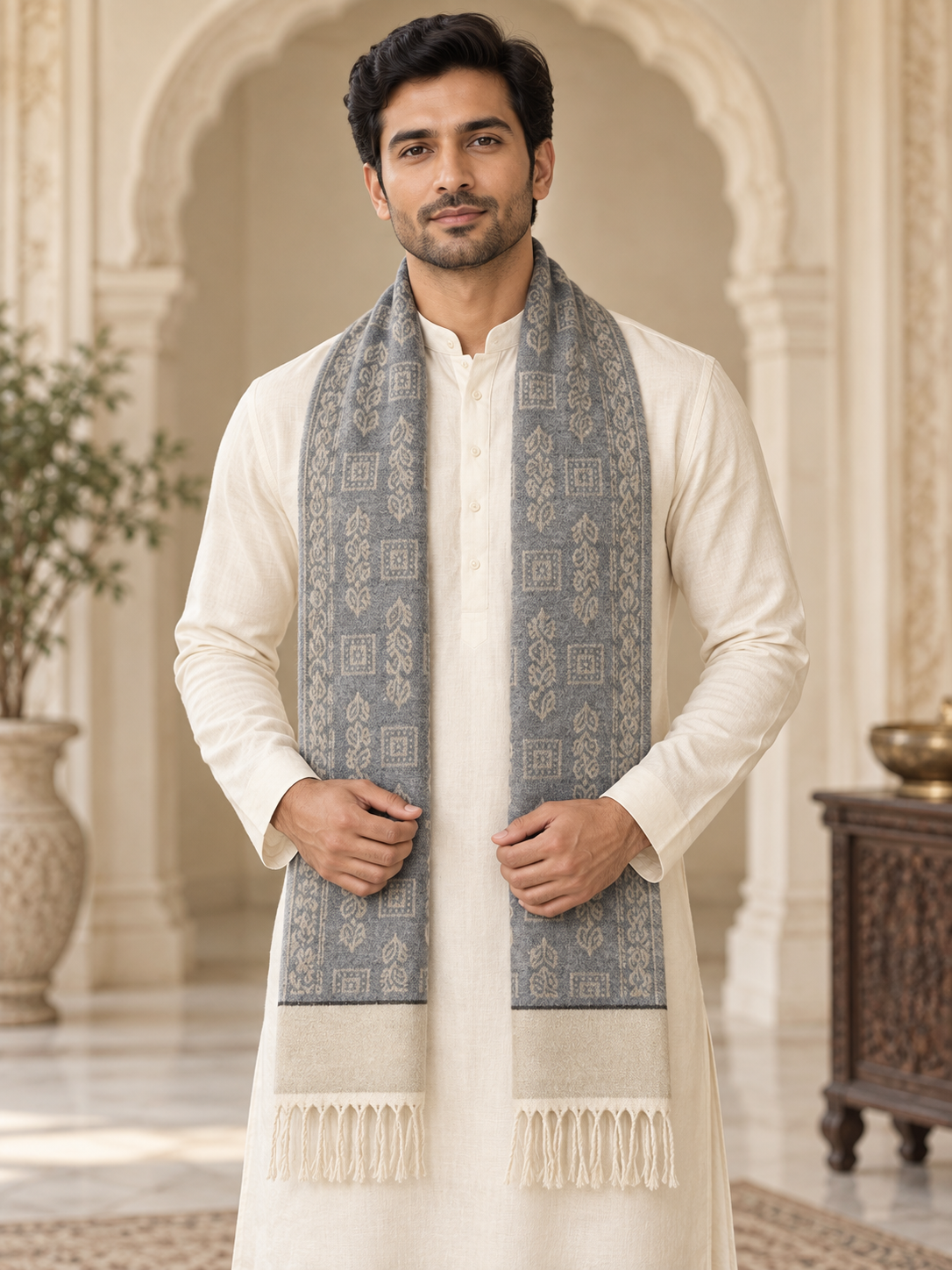 Elegant Woven Shawl with Floral Border and Fringe Finish For Men Soft Textured Feel, Lightweight Comfort , Easy Layering, Versatile Everyday Styling