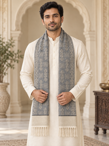 Elegant Woven Shawl with Floral Border and Fringe Finish For Men Soft Textured Feel, Lightweight Comfort , Easy Layering, Versatile Everyday Styling