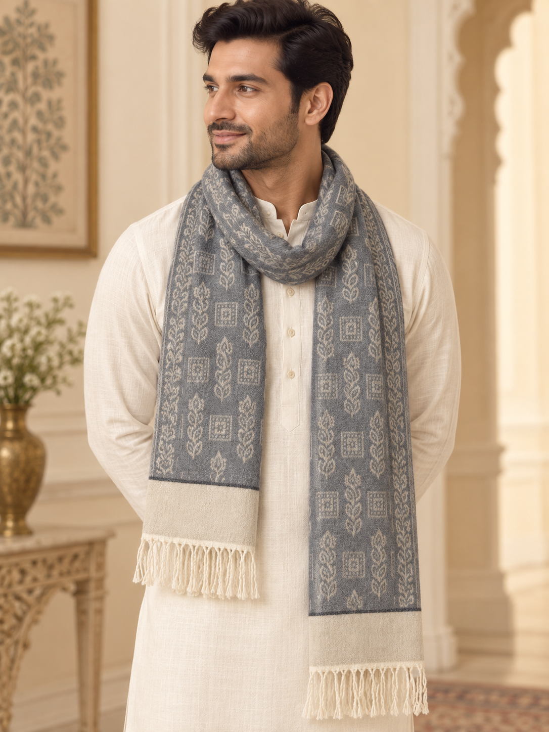 Elegant Woven Shawl with Floral Border and Fringe Finish For Men Soft Textured Feel, Lightweight Comfort , Easy Layering, Versatile Everyday Styling