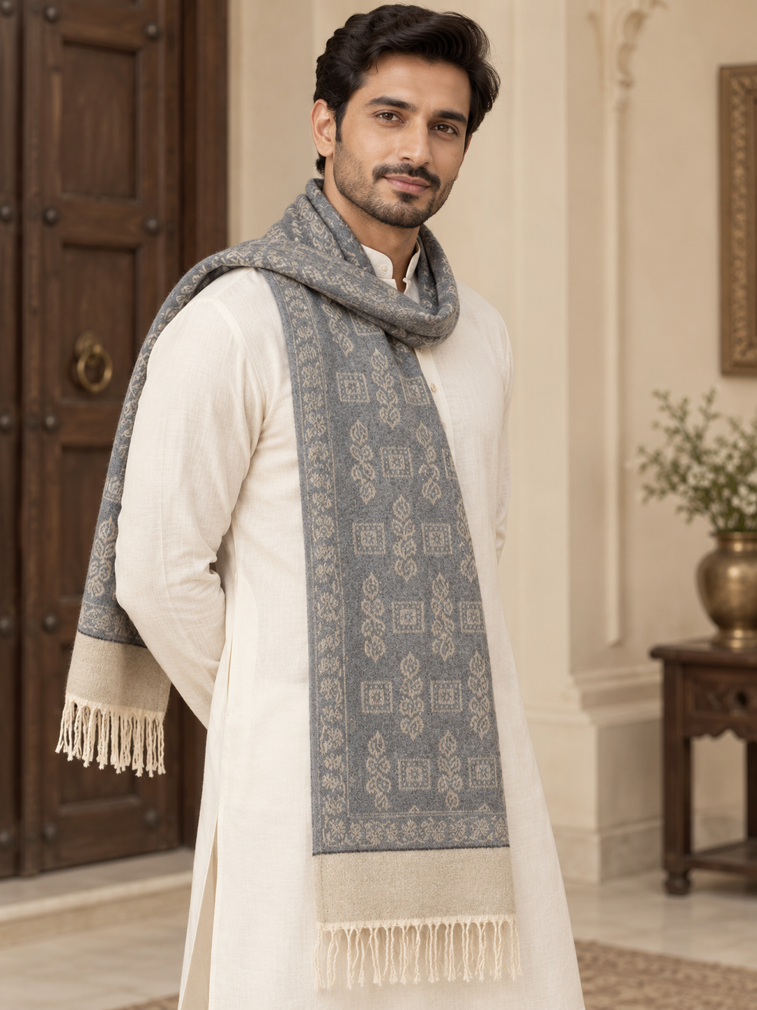 A man wearing a cream-colored kurta and a gray patterned shawl scarf with beige fringe, standing in an elegant indoor setting.