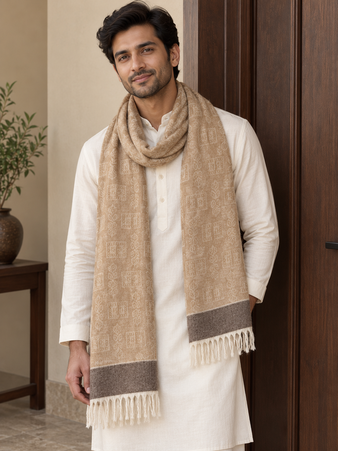 Elegant Woven Shawl with Floral Border and Fringe Finish For Men Soft Textured Feel, Lightweight Comfort , Easy Layering, Versatile Everyday Styling