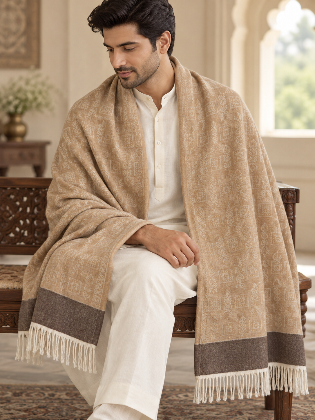 A man seated indoors wearing a beige patterned shawl with cream fringe and dark brown border panels over a white kurta and trousers.