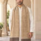 A man wearing a white kurta and a beige patterned shawl scarf with brown borders and fringe, standing in front of an arched stone corridor.