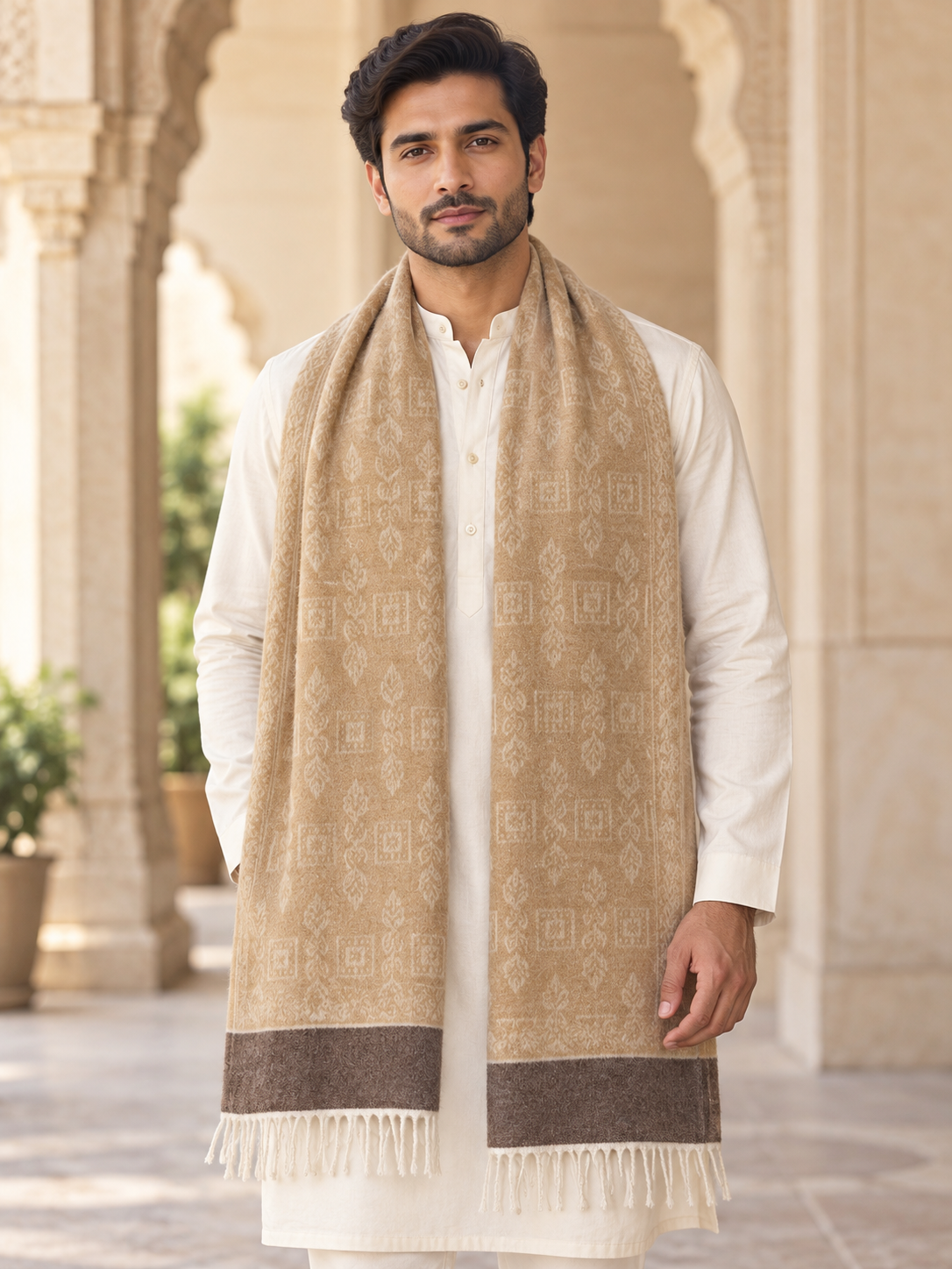 A man wearing a white kurta and a beige patterned shawl scarf with brown borders and fringe, standing in front of an arched stone corridor.