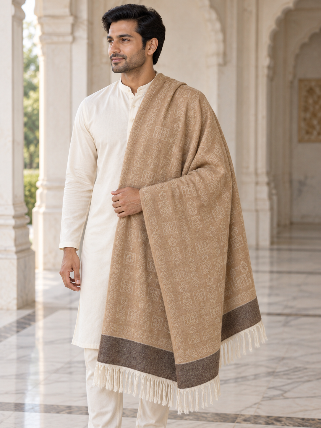 A man wearing a white kurta and trousers models a large beige and brown patterned shawl with white fringe, standing in a grand marble corridor with columns.