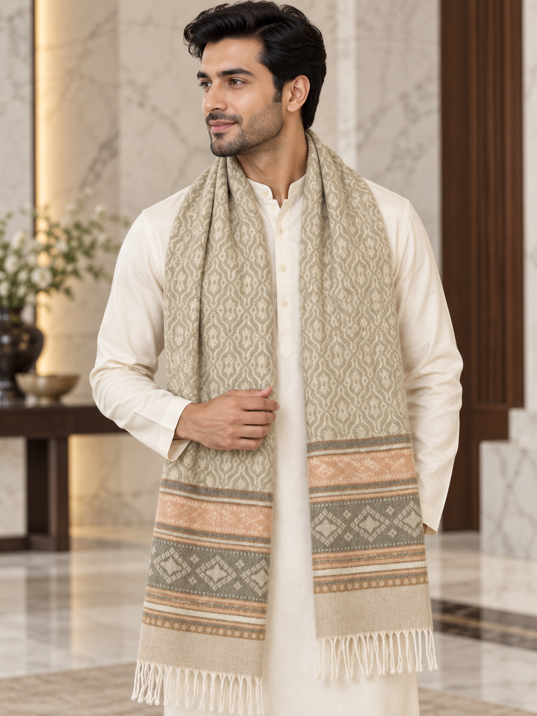 A man wearing a cream kurta and a beige patterned scarf with brown and peach geometric bands, standing in a marble-floored indoor setting.