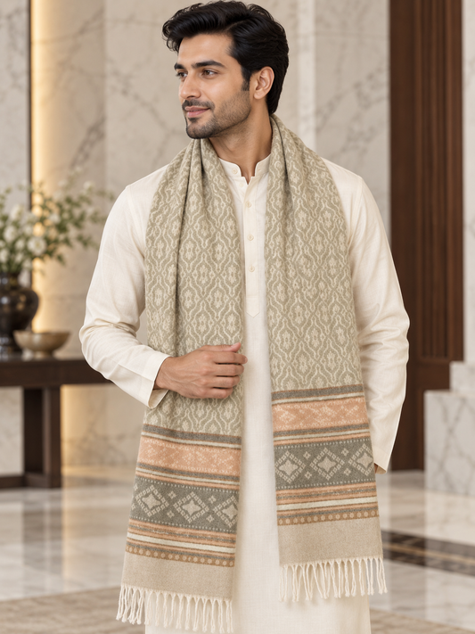 A man wearing a cream kurta and a beige patterned scarf with brown and peach geometric bands, standing in a marble-floored indoor setting.