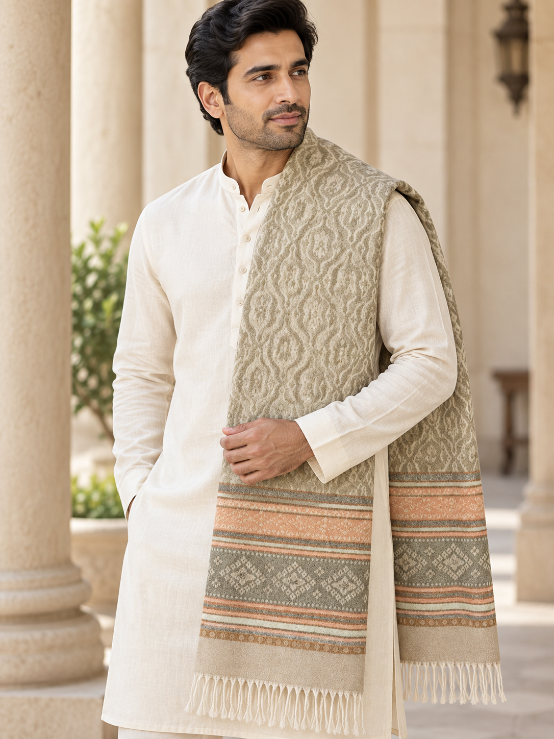 A man wearing a cream kurta and a beige patterned shawl with orange and brown woven stripes, standing in front of a stone columned building.