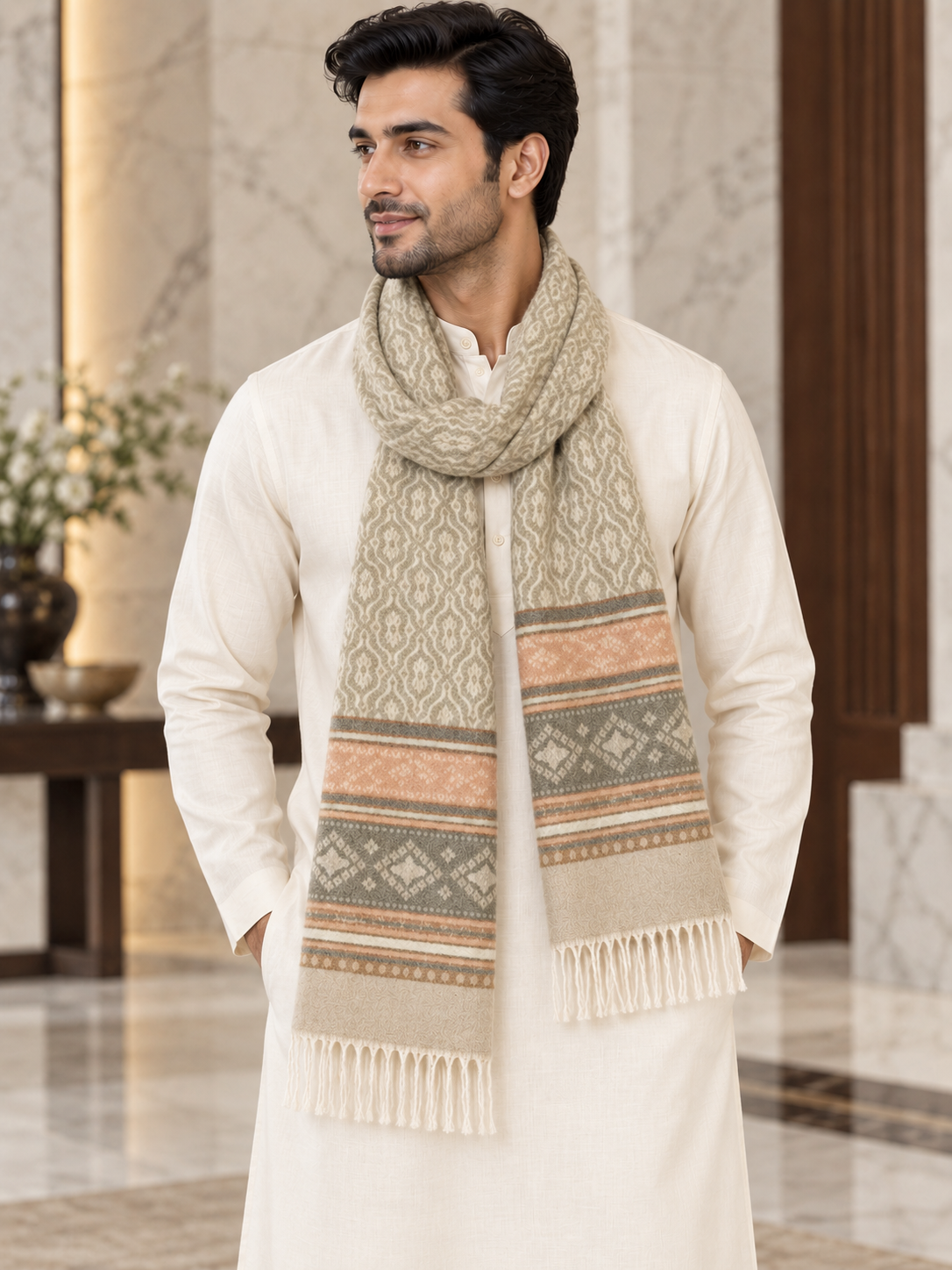 A man wearing a cream-colored kurta and a patterned beige scarf with geometric and striped designs in brown, orange, and gray, standing in a marble hallway.