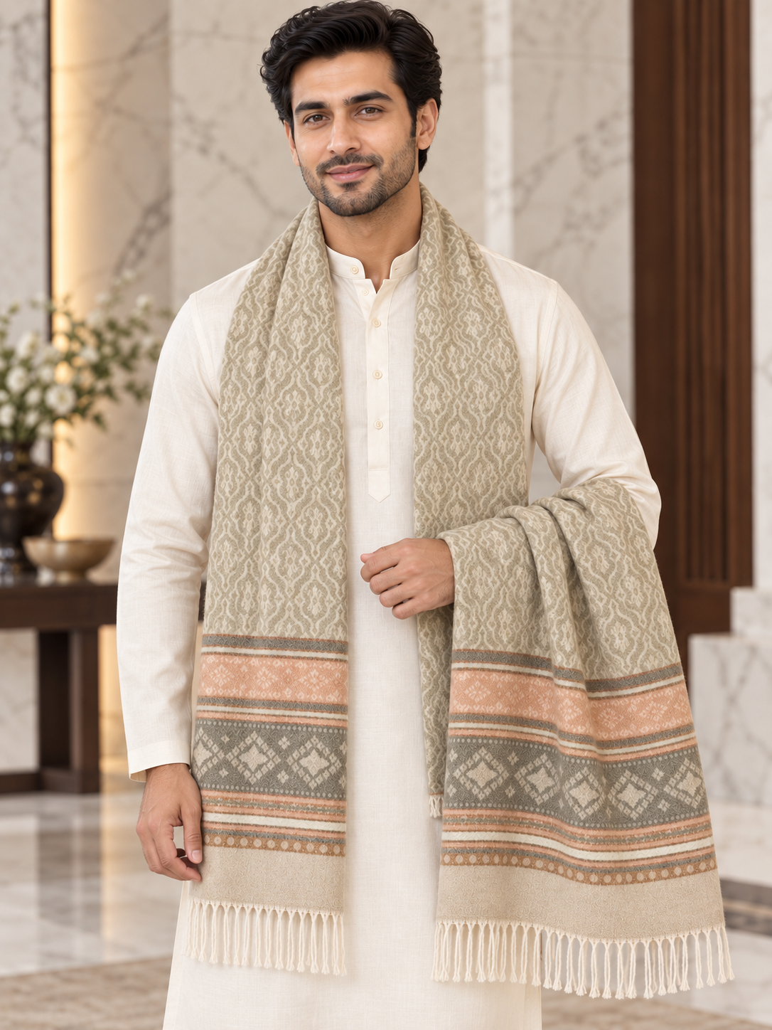 A man wearing a cream-colored kurta and a beige patterned scarf with peach and gray geometric borders, standing in a marble-floored indoor setting.