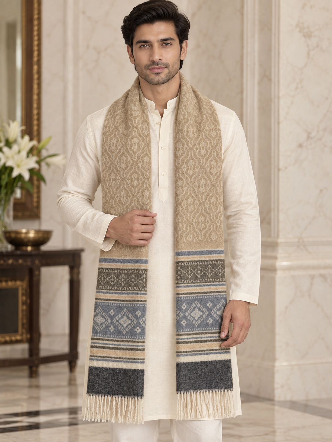 A man wearing a cream kurta and white trousers models a long woven scarf with beige, blue, and gray geometric patterns and fringe, set against an elegant marble interior background.
