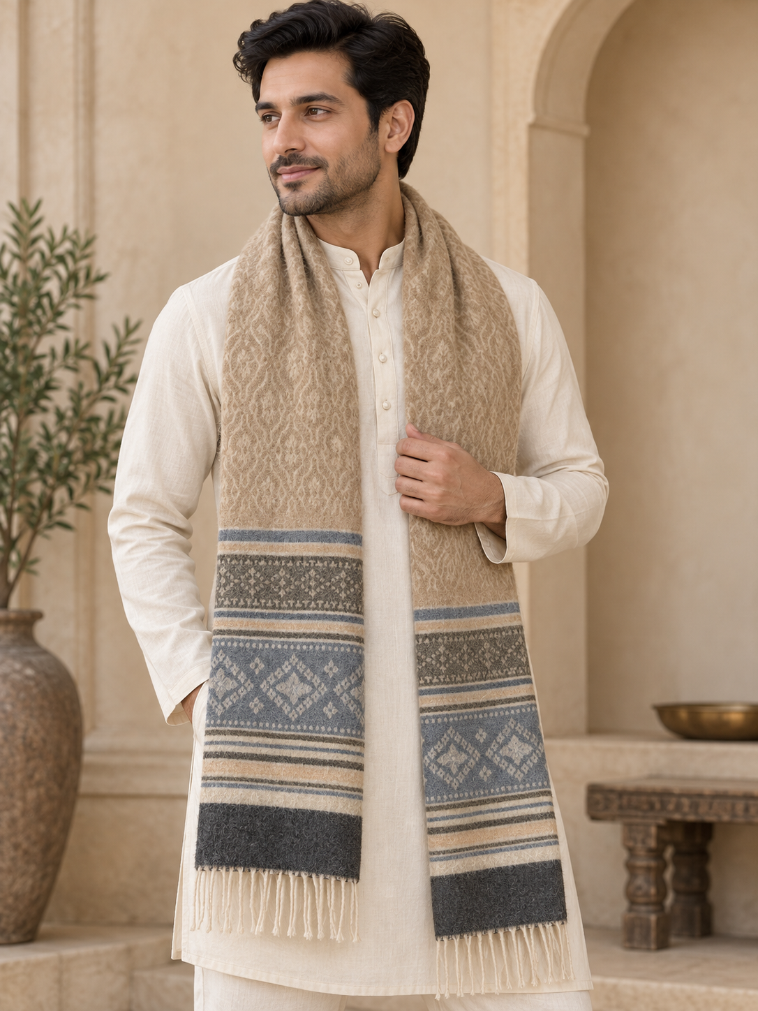 A man wearing a cream kurta and a beige woolen scarf with blue-gray geometric patterns, standing in a warm-toned architectural setting