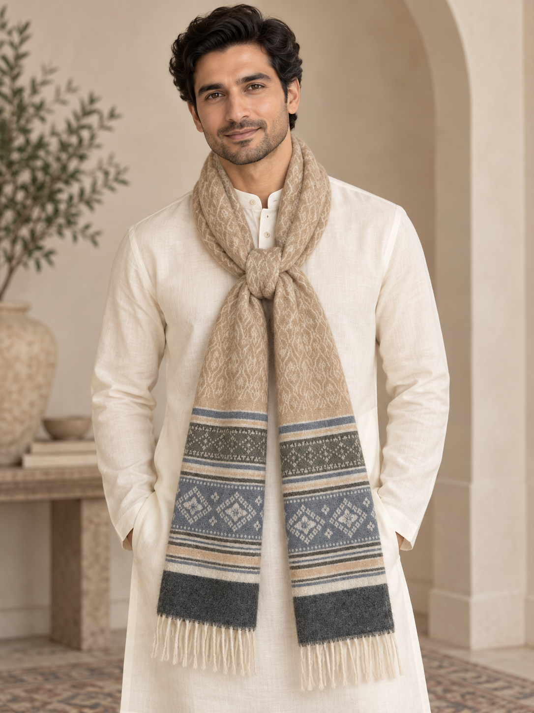 A man wearing a cream-colored kurta and a thick beige scarf with blue and gray geometric patterns and fringed ends, standing in a warm, neutral-toned indoor setting.