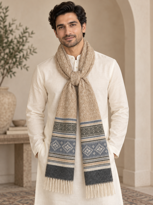 A man wearing a cream-colored kurta and a thick beige scarf with blue and gray geometric patterns and fringed ends, standing in a warm, neutral-toned indoor setting.