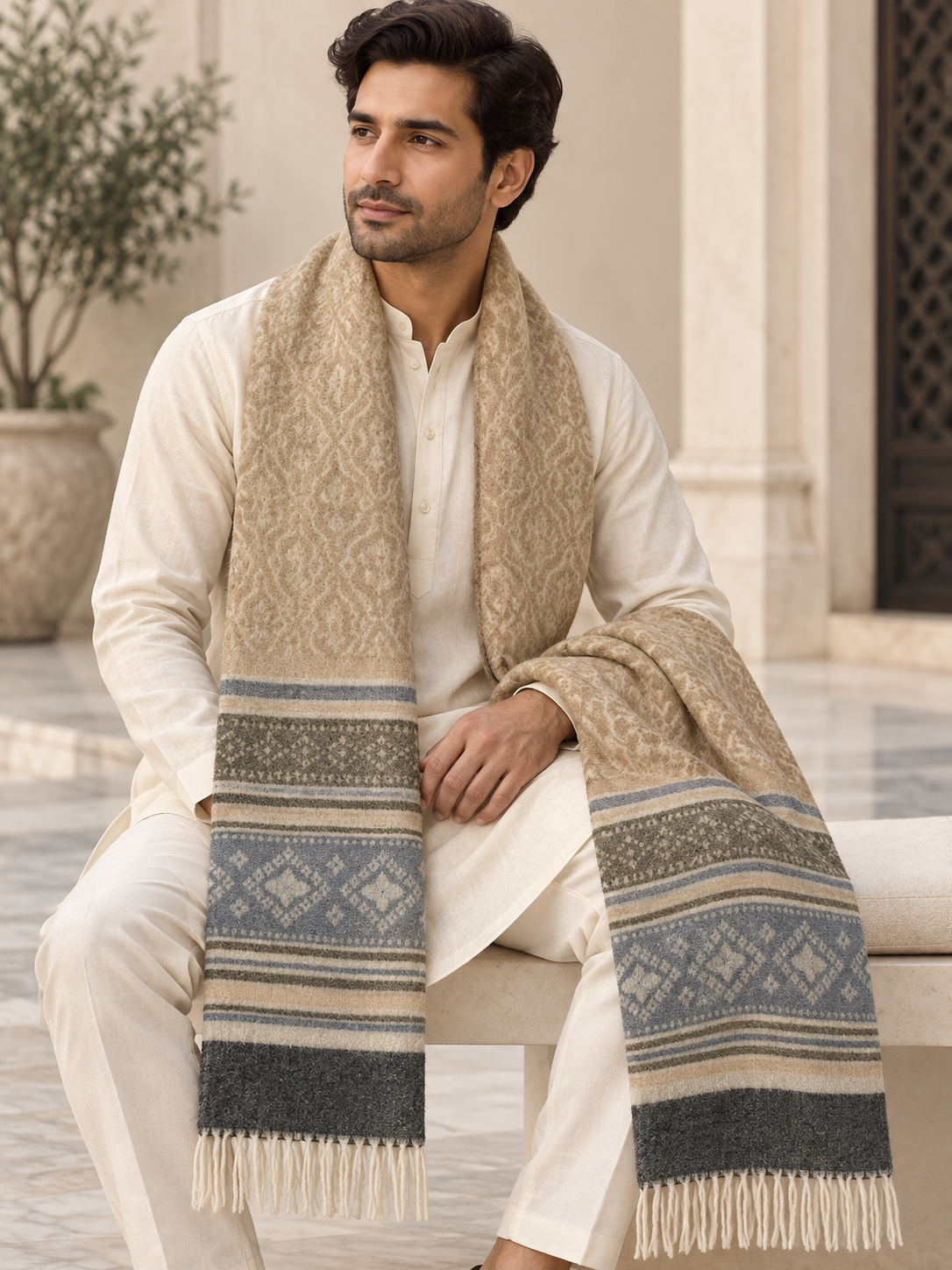 Elegant Woven Stole with Floral Border and Fringe Finish For Men Soft Textured Feel, Lightweight Comfort , Easy Layering, Versatile Everyday Styling