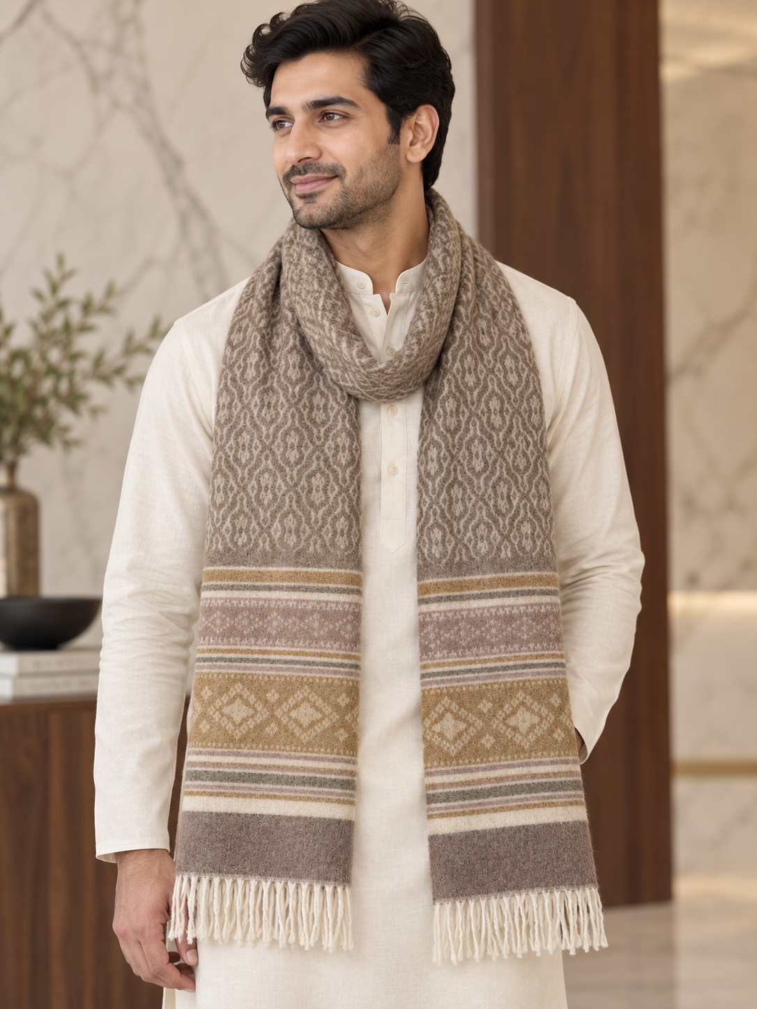 A man wearing a cream kurta and a thick, patterned beige and brown knit scarf with fringed ends, standing in a modern indoor setting.