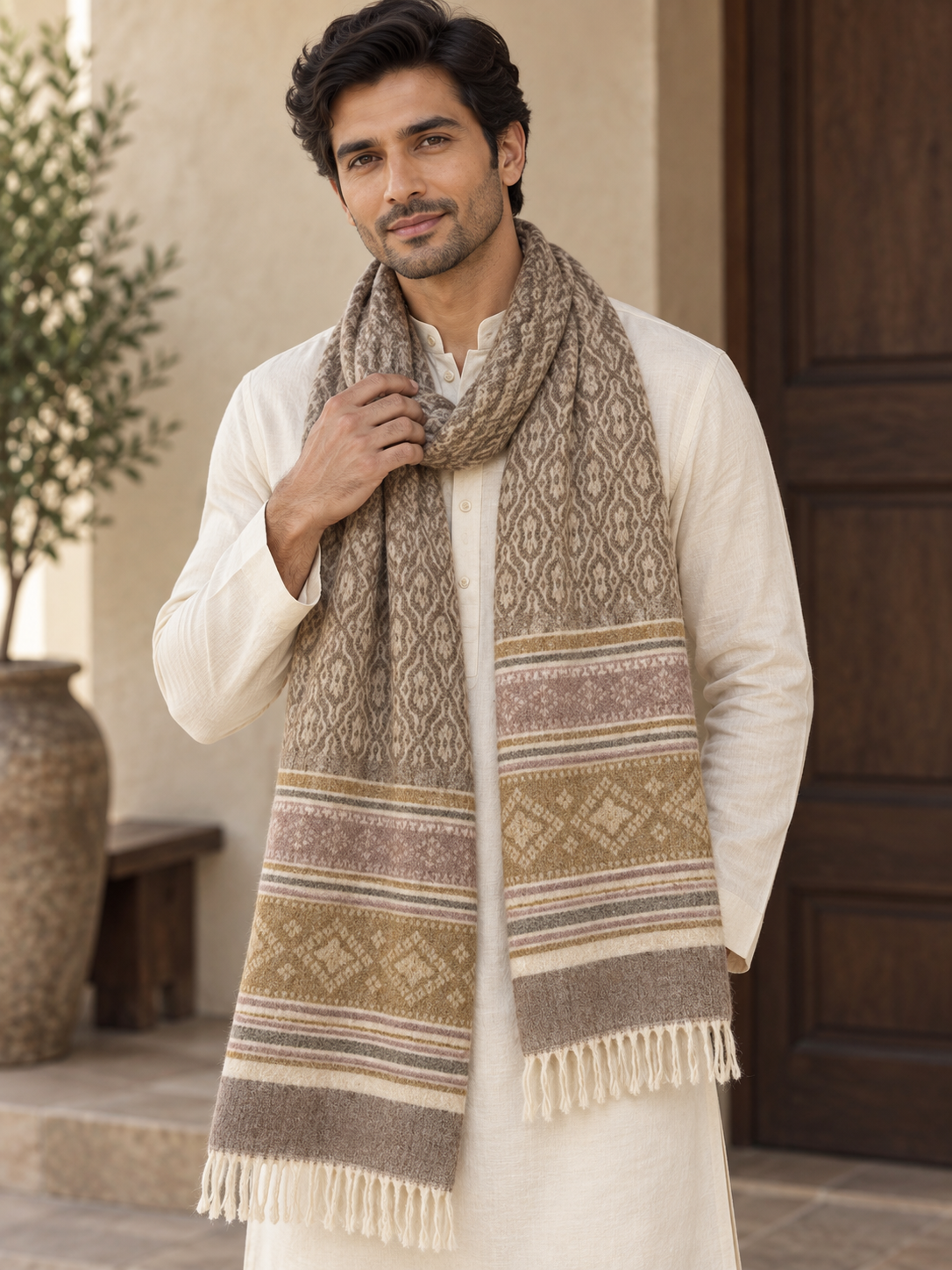 A man wearing a cream kurta and a patterned woolen scarf in beige, brown, and muted pink, standing in front of a beige wall and dark wooden door.