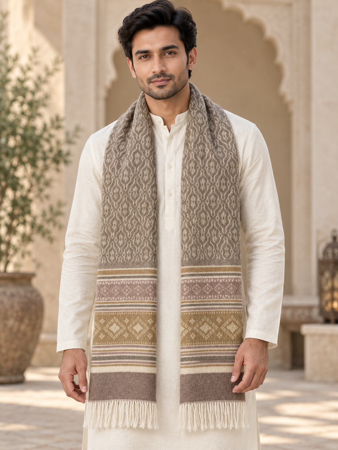 A man wearing a long cream and brown patterned knit scarf with fringe, draped over a white kurta, standing in front of a beige architectural background with arches.