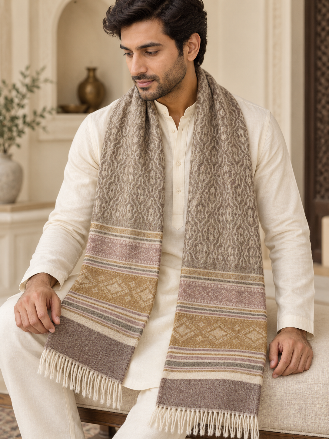 A man wearing a cream-colored kurta sits on a beige sofa, draped with a thick, patterned woolen scarf in neutral shades of beige, brown, and muted pink. The scarf features geometric and floral motifs with fringed ends.