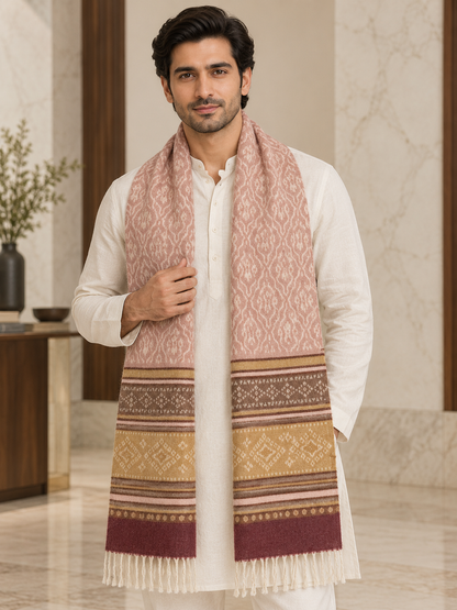 A man wearing a white kurta and trousers models a patterned scarf with a dusty pink upper section, a wide mustard-gold middle band, and a deep maroon lower section with fringe.