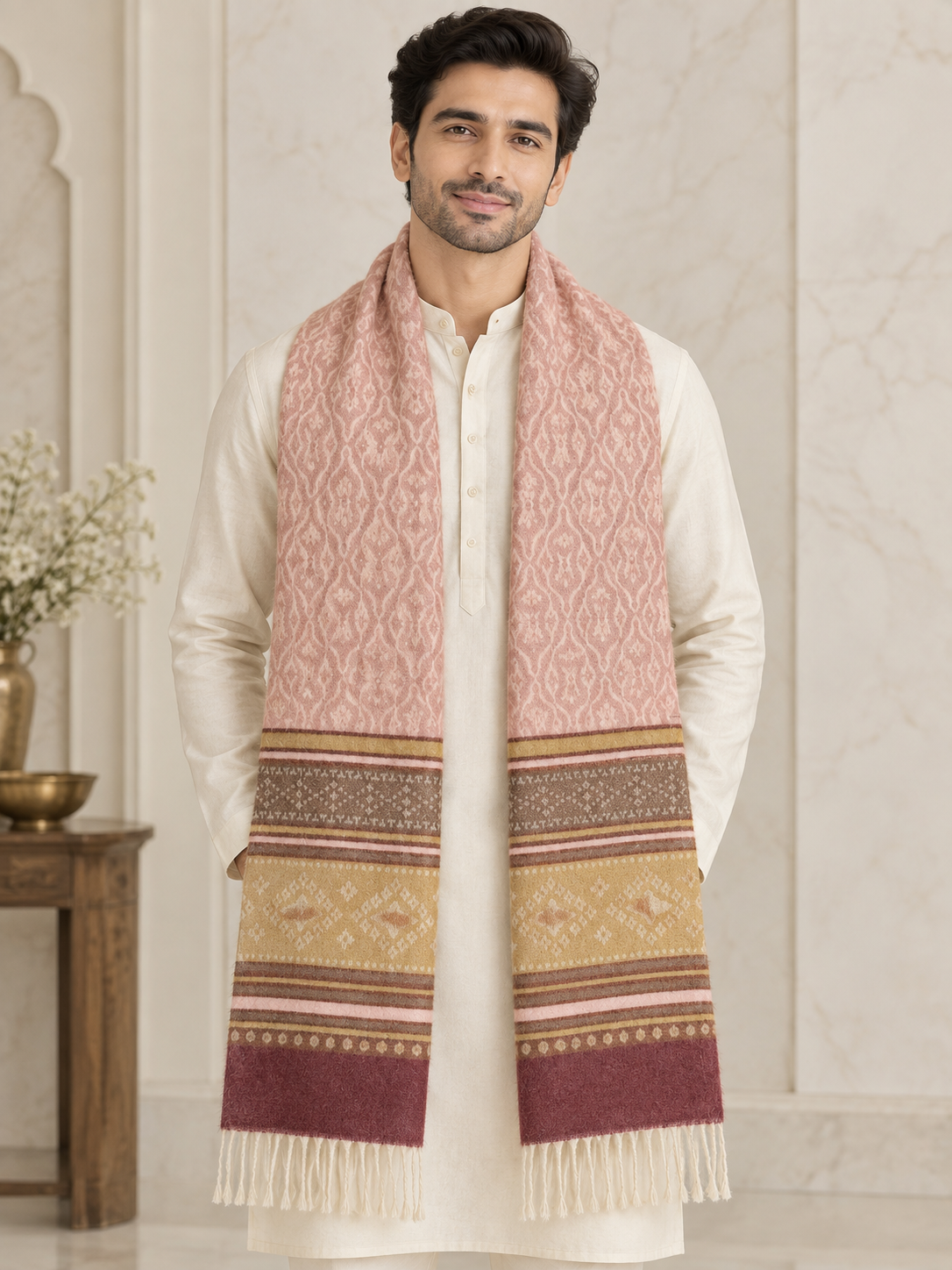 A man wearing a cream-colored kurta and a long, patterned pink and gold scarf with fringed ends, standing in a decorated indoor setting.