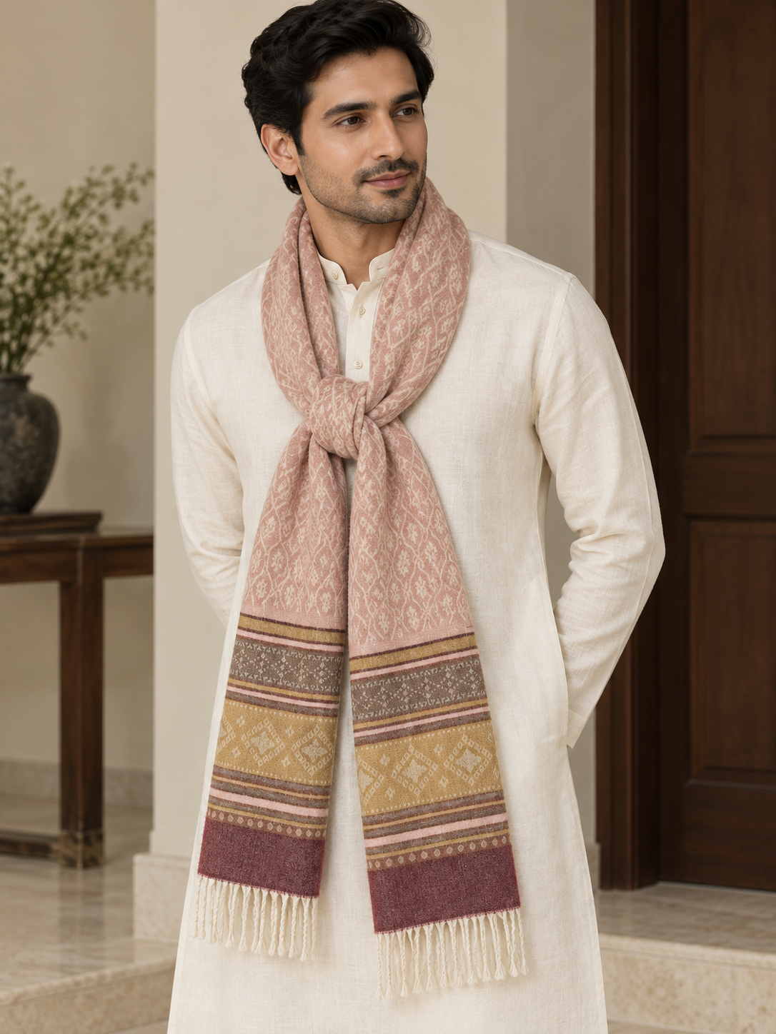 A man wearing a cream-colored kurta and a dusty pink patterned scarf with multicolor geometric borders and tassels, standing in an indoor setting.