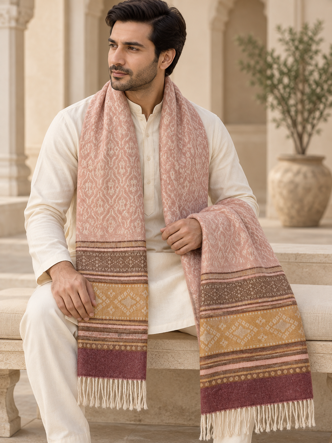 A man wearing a cream kurta sits on a stone bench draped with a patterned scarf. The scarf features a dusty pink upper section with intricate white motifs, a mustard yellow middle band with geometric patterns, and a deep burgundy lower section with white fringe.