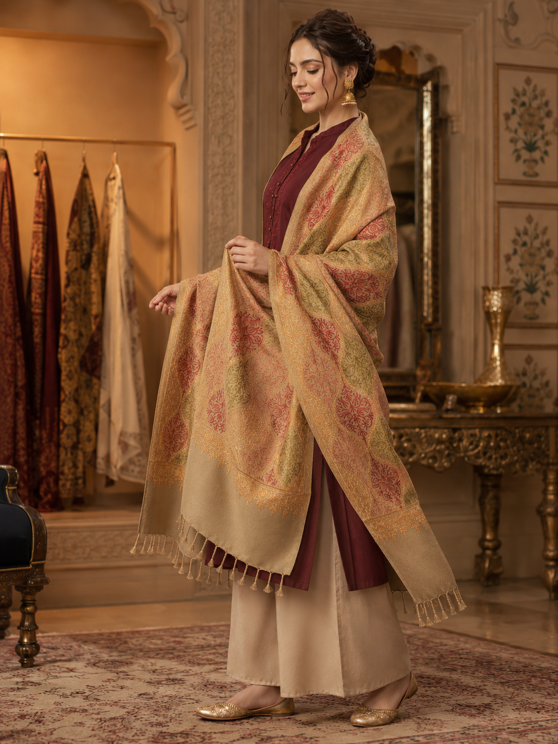 Women's Wool Blend Full Embroidery Matka Shawl