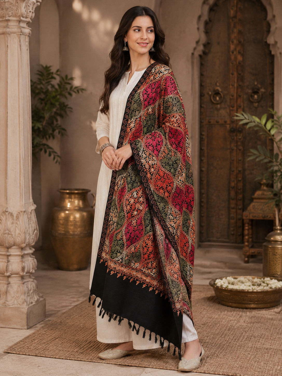 Women's Wool Blend Full Embroidery Matka Shawl